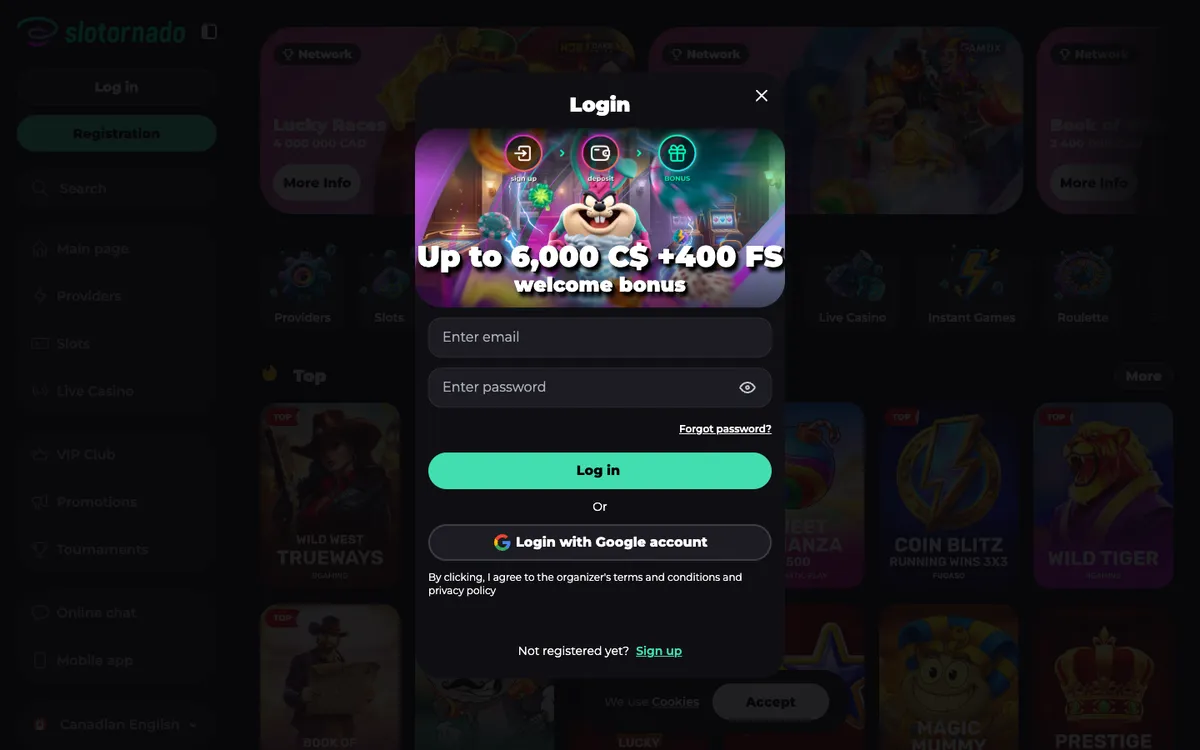 Slotornado Casino — Sign-up, captured from Canada