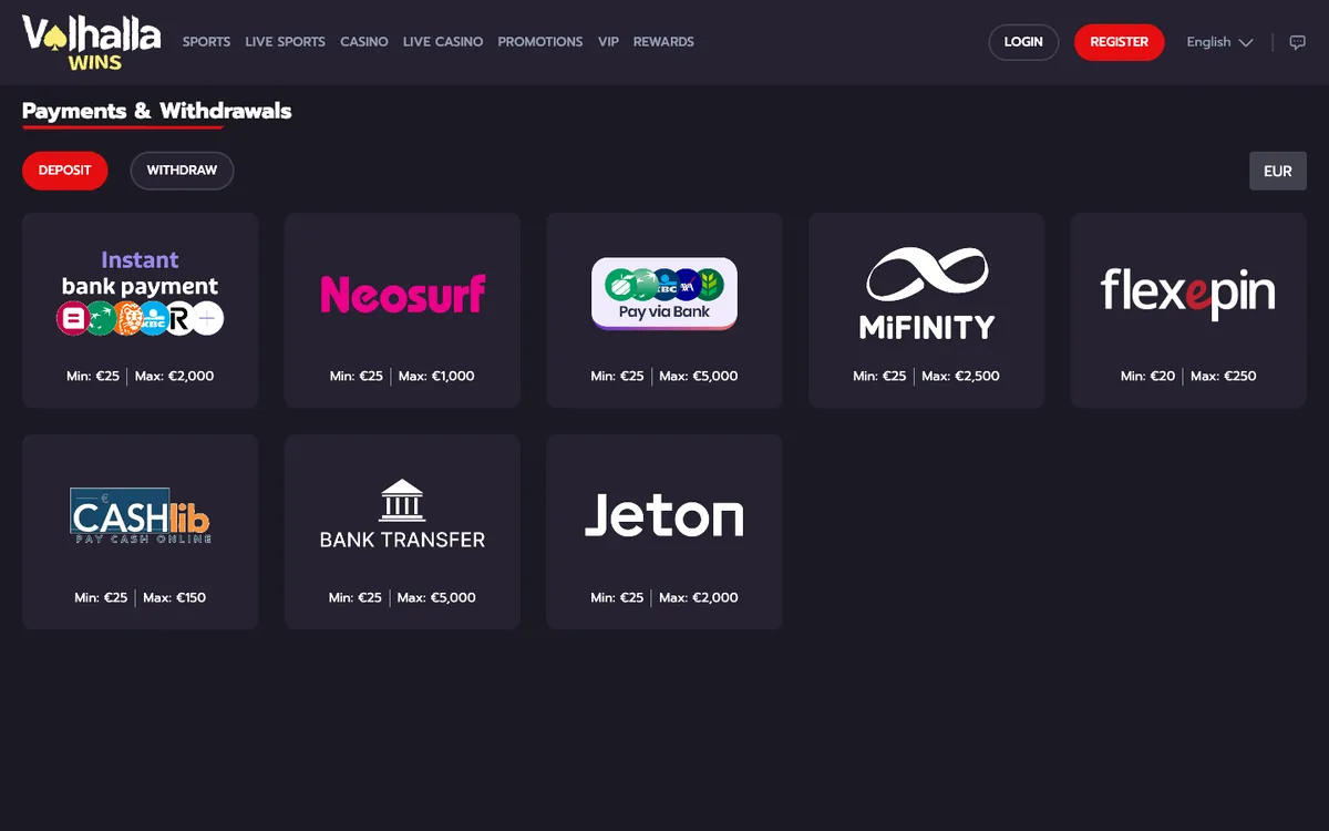 Valhalla Wins Casino — «Платежи», снято из страны Бельгия