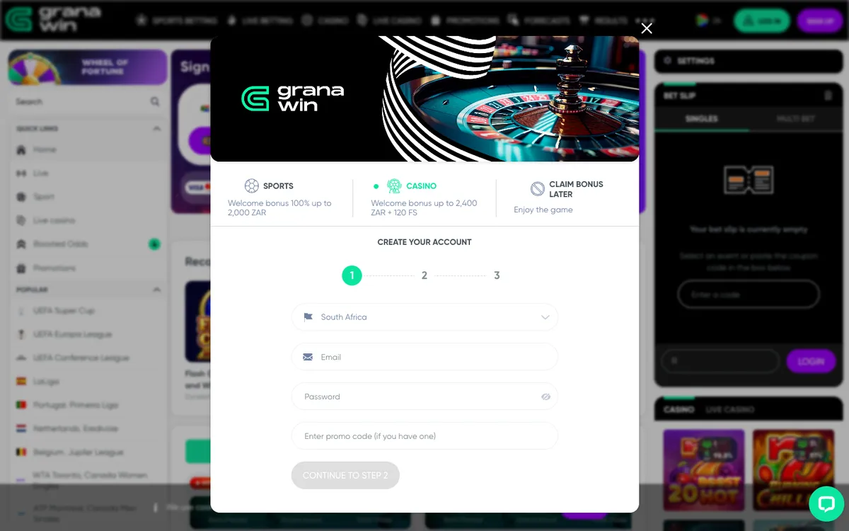 GranaWin Casino — Sign-up, captured from South Africa