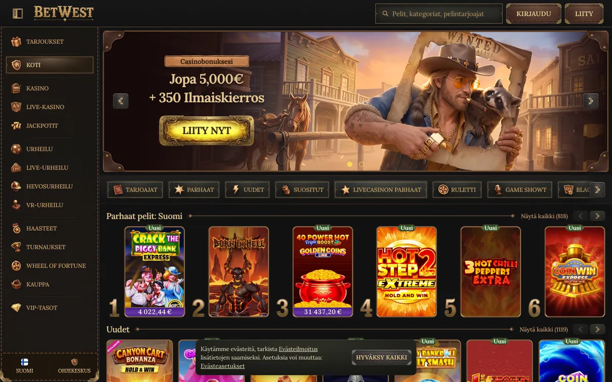 BetWest Casino — Home page, captured from Finland