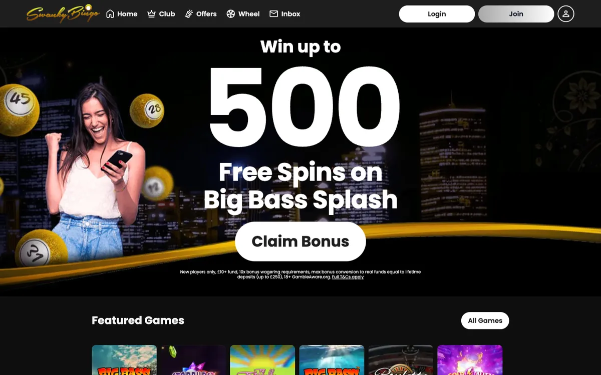 Swanky Bingo Casino — Home page, captured from United Kingdom