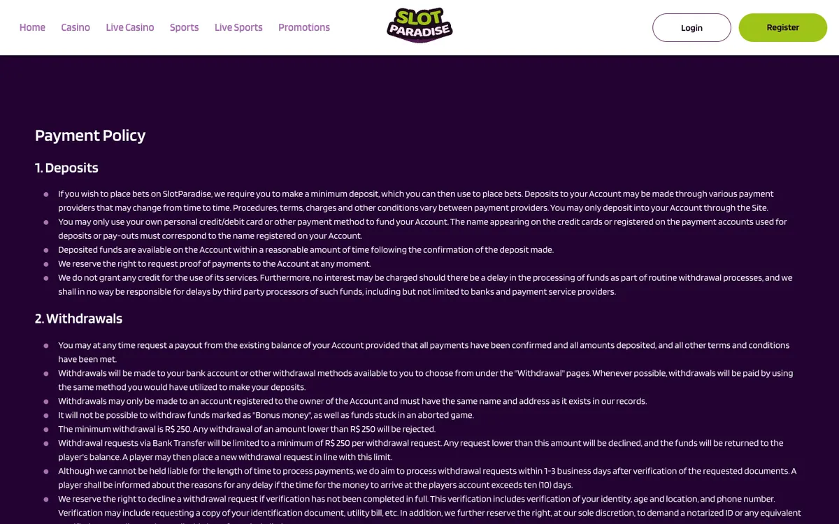 Slotparadise Casino — Payments, captured from Czechia