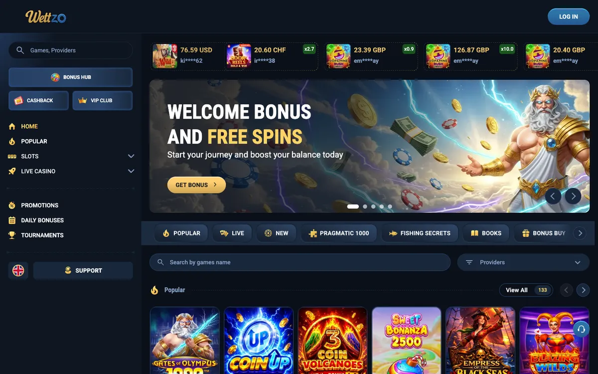 Wettzo Casino — Home page, captured from United Kingdom