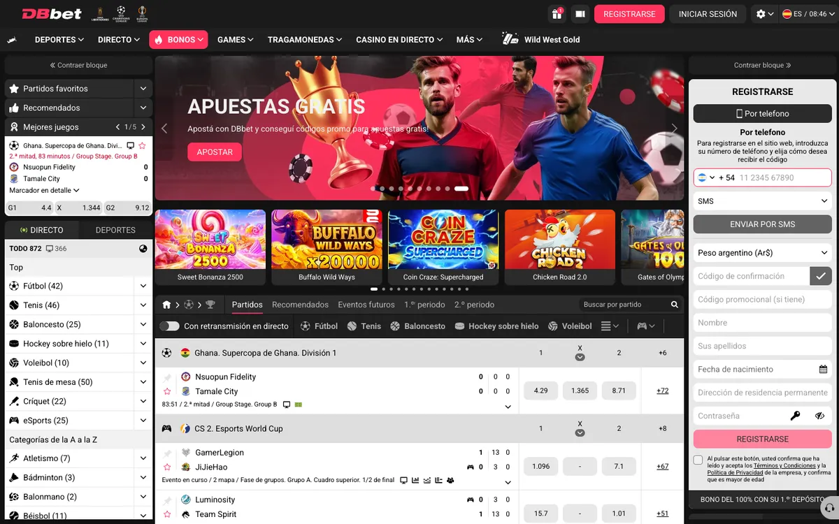 DBbet Casino — Home page, captured from Argentina
