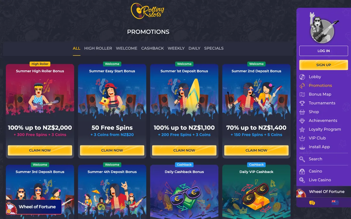 Rolling Slots Casino — Promotions, captured from New Zealand