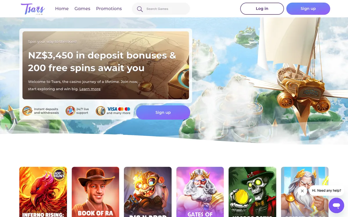 Tsars Casino — Home page, captured from New Zealand