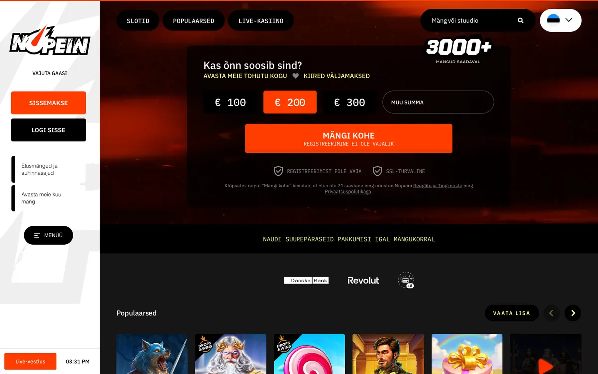 Nopein Casino — Home page, captured from Estonia
