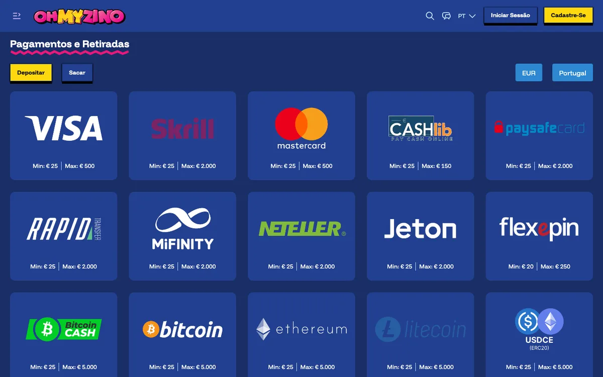 OhMyZino Casino — Payments, captured from Portugal