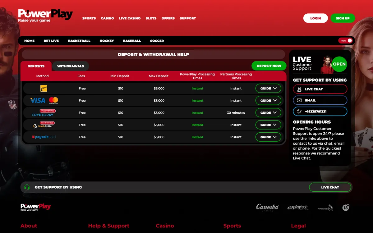 PowerPlay Casino — Payments, captured from Canada