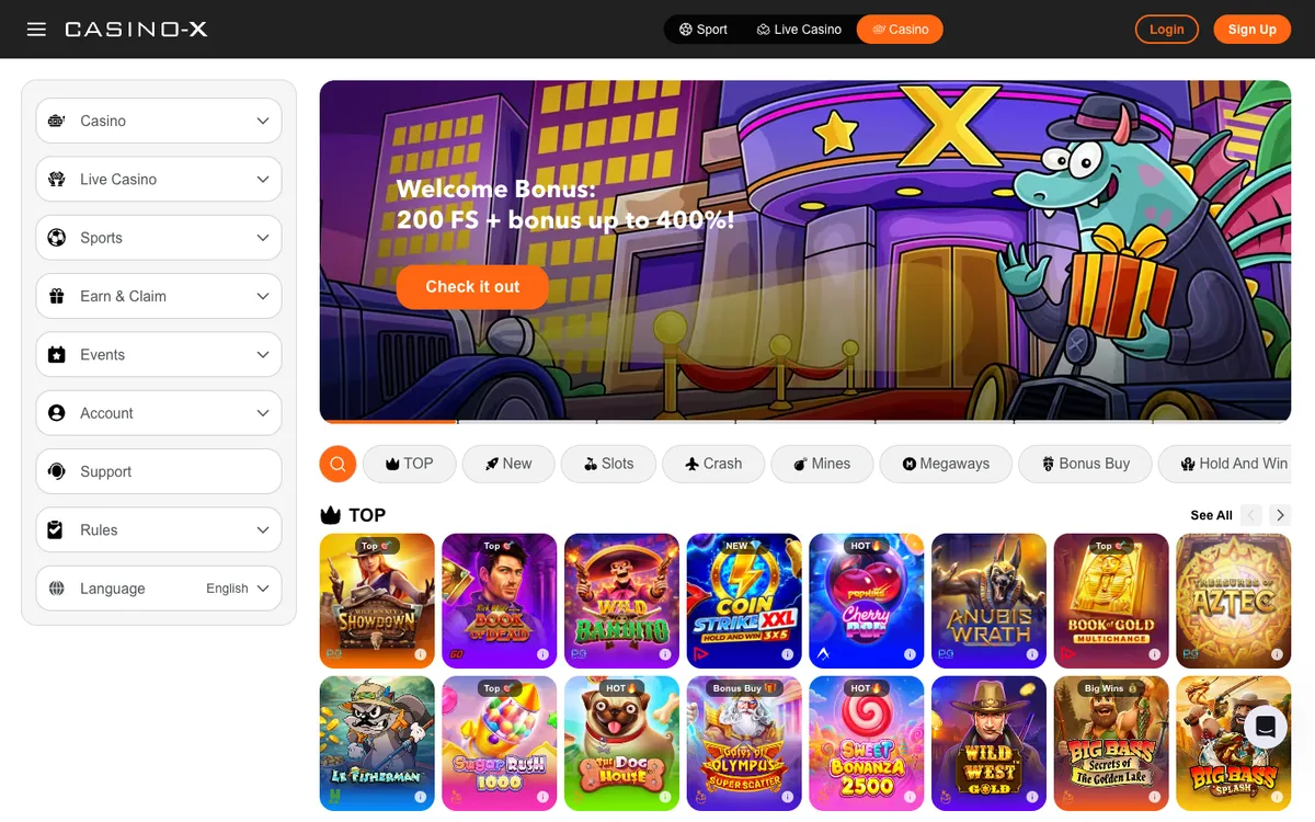 Casino X — Home page, captured from Canada