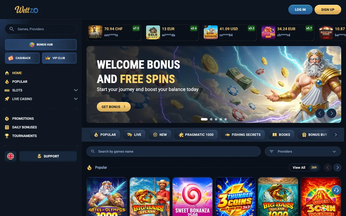 Wettzo Casino — Home page, captured from Portugal