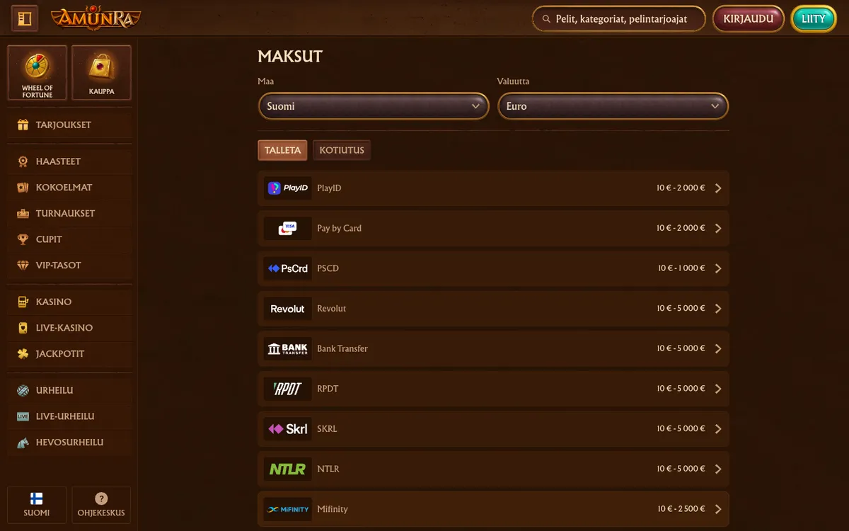AmunRa Casino — Payments, captured from Finland