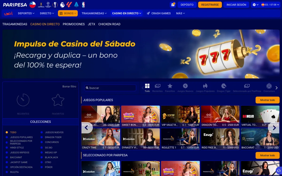 Paripesa Casino — Home page, captured from Chile