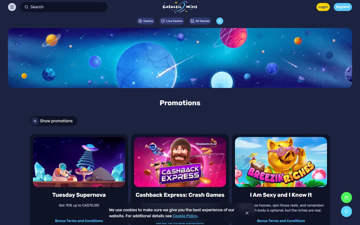 Galactic Wins Casino — «Акции», снято из страны Канада