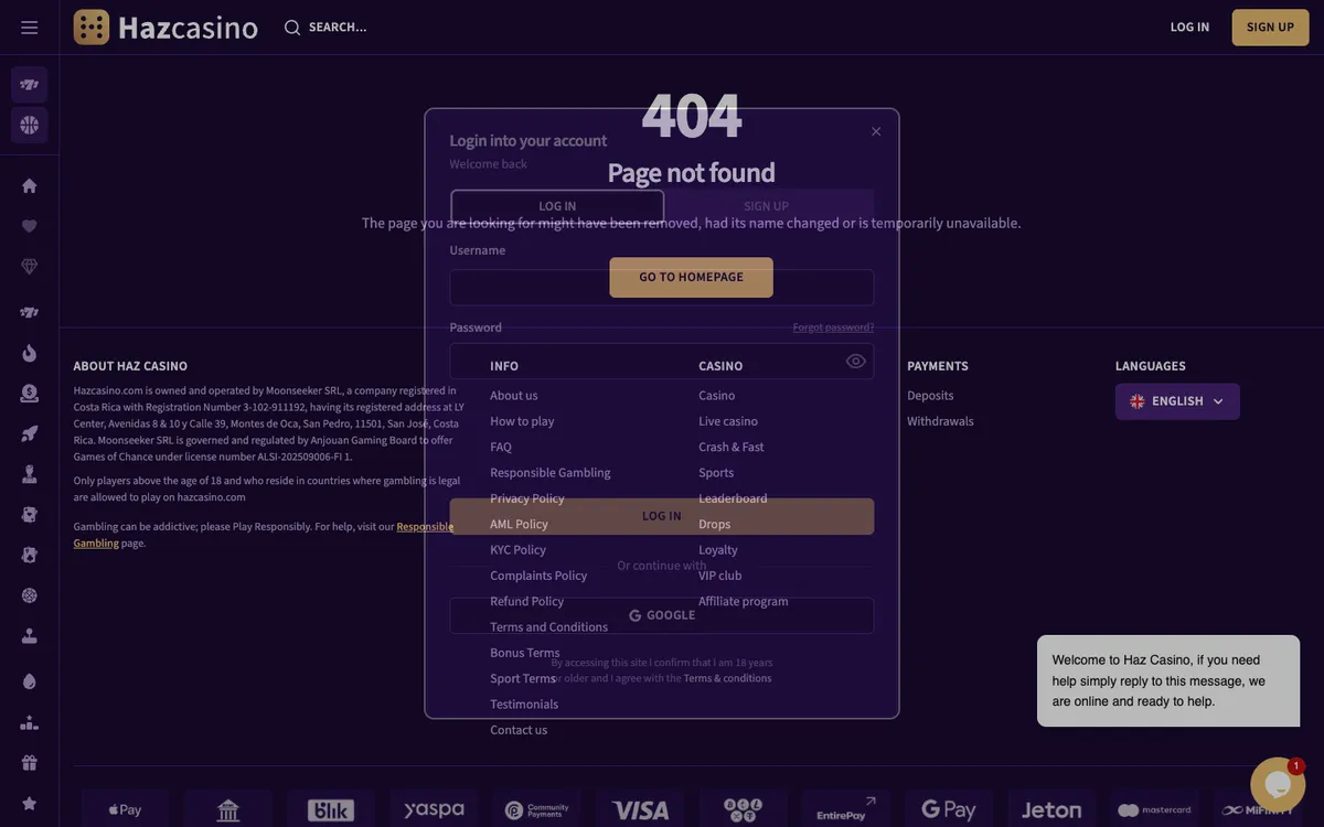 Haz Casino — «Регистрация», снято из страны Новая Зеландия