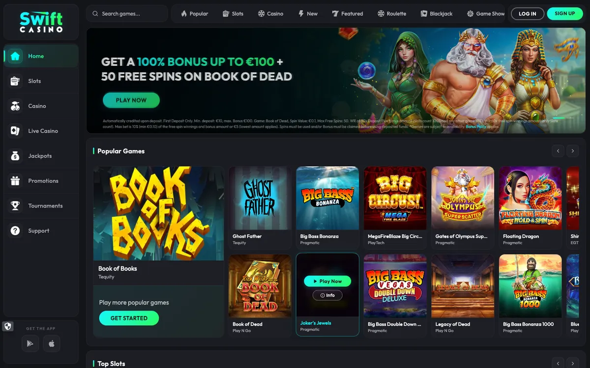 Swift Casino — Home page, captured from Finland