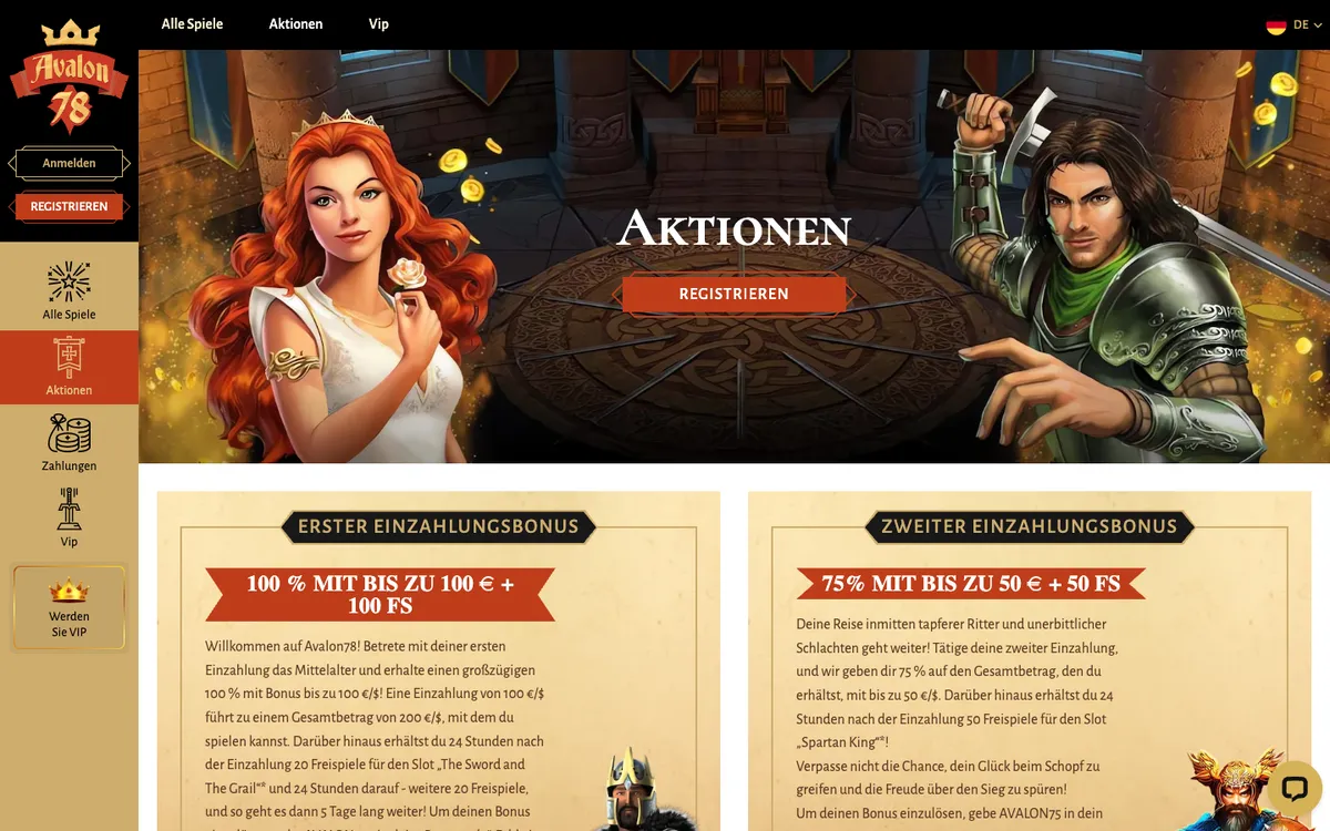 Avalon78 Casino — Promotions, captured from Austria