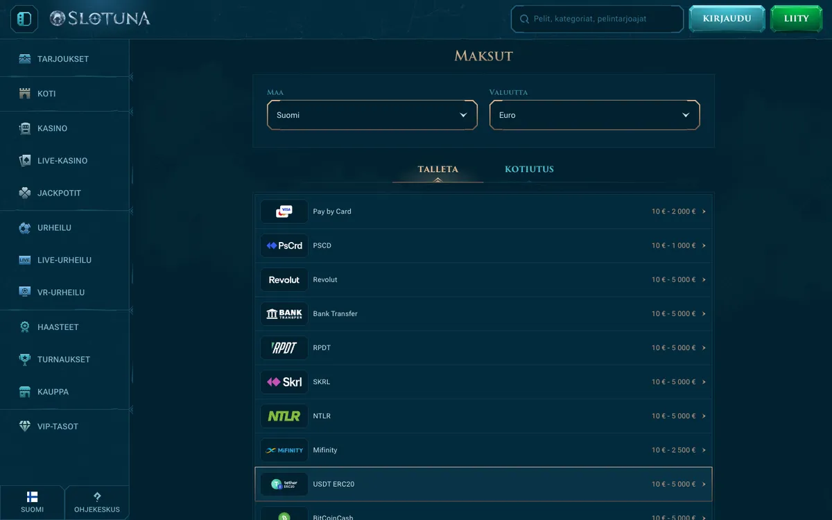 Slotuna Casino — «Платежи», снято из страны Финляндия