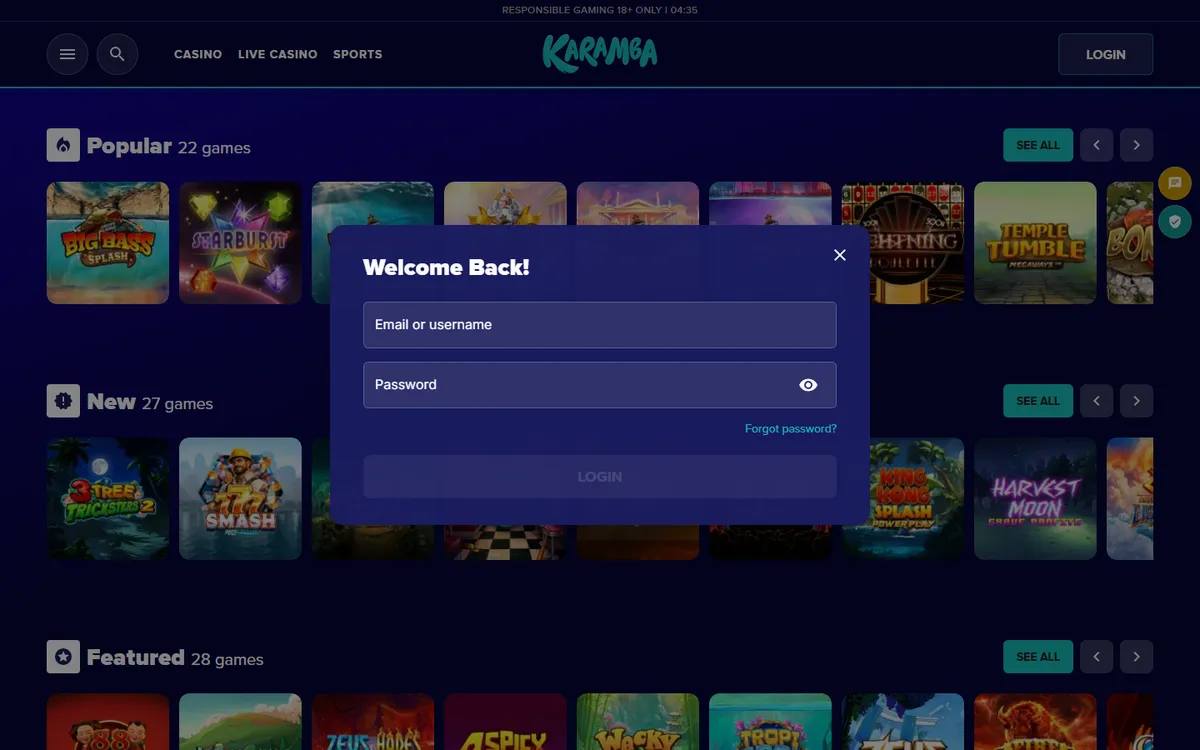Karamba Casino — Sign-up, captured from Canada