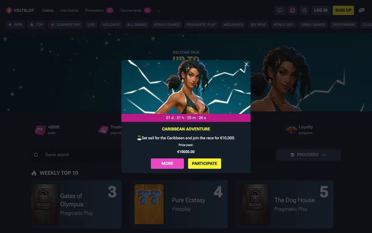 Voltslot Casino — Home page, captured from Spain