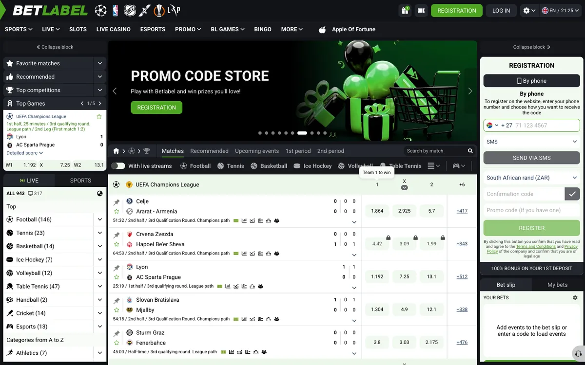 BetLabel Casino — Home page, captured from South Africa