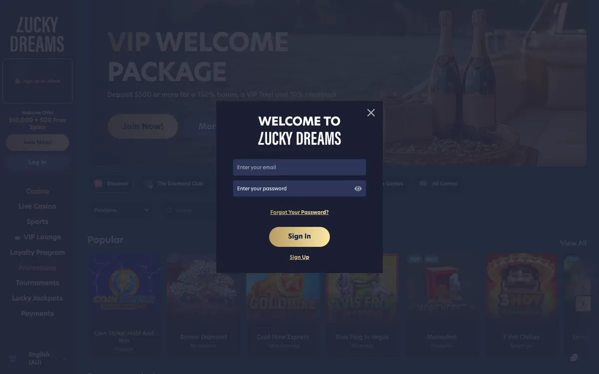 Lucky Dreams Casino — Sign-up, captured from Australia