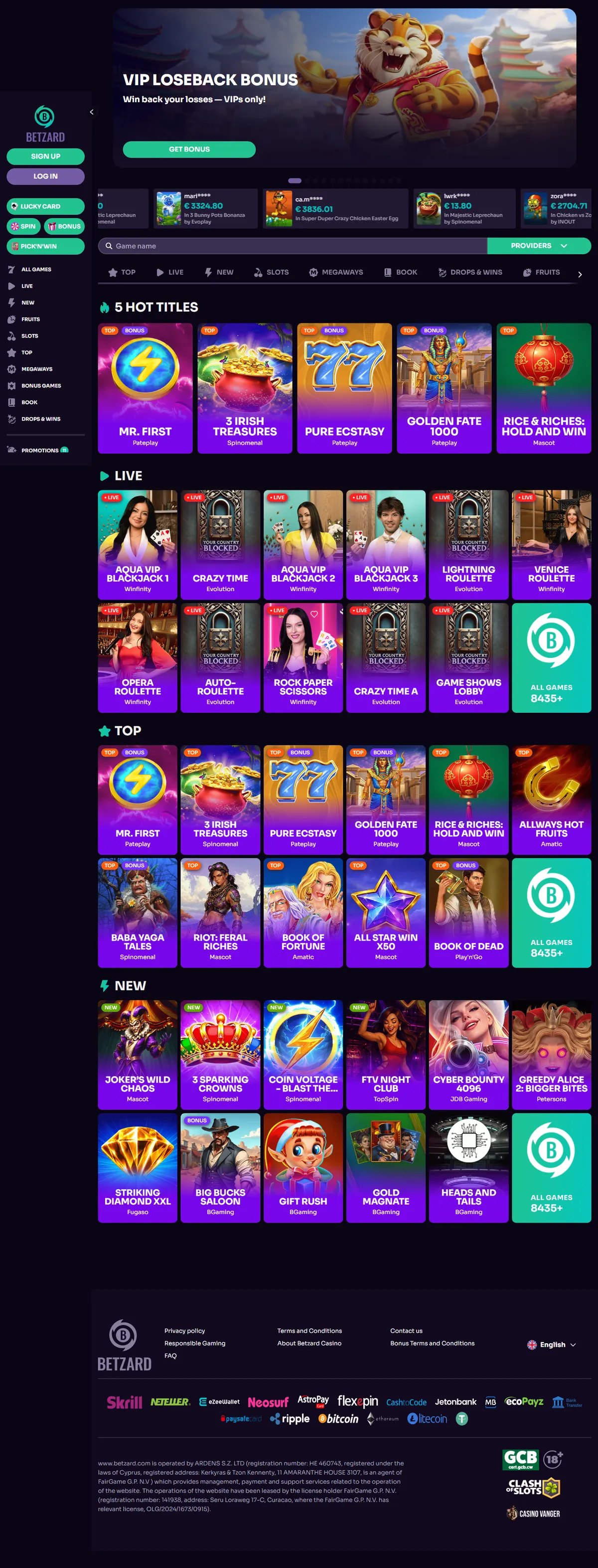Betzard Casino — Home page, captured from Canada