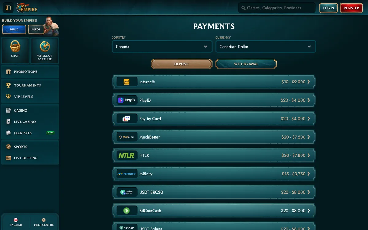 MyEmpire Casino — Payments, captured from Canada
