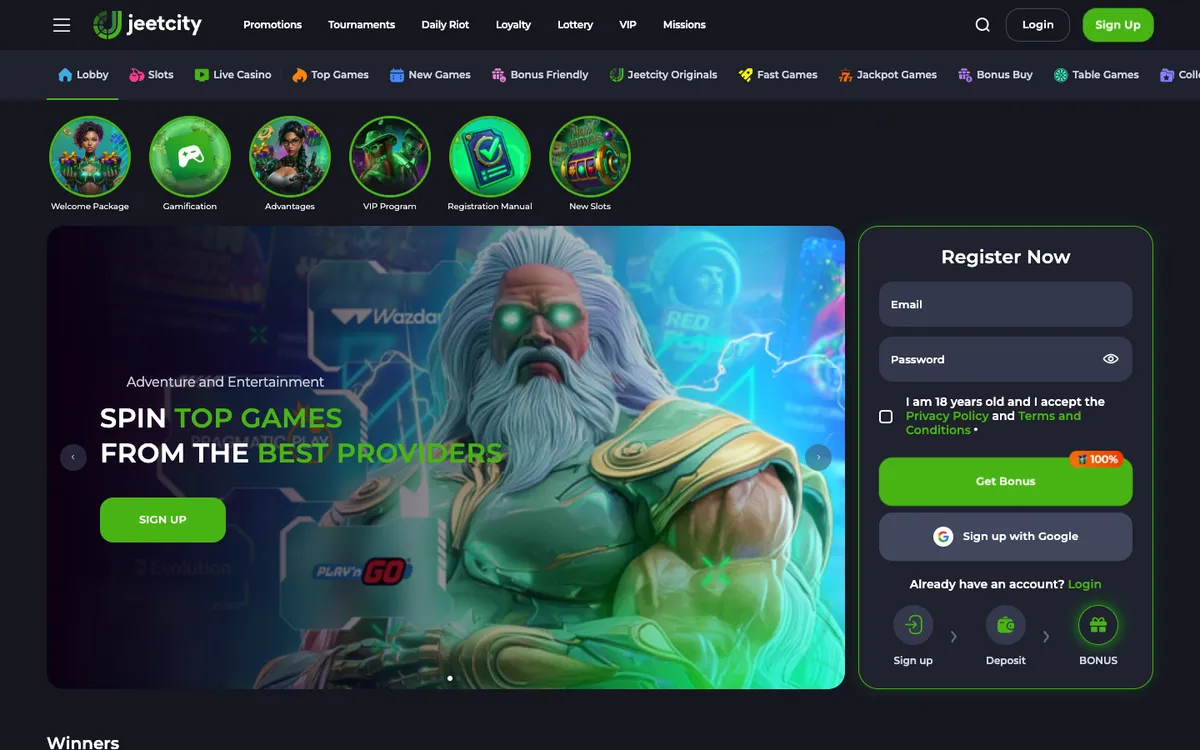 JeetCity Casino — Home page, captured from Canada