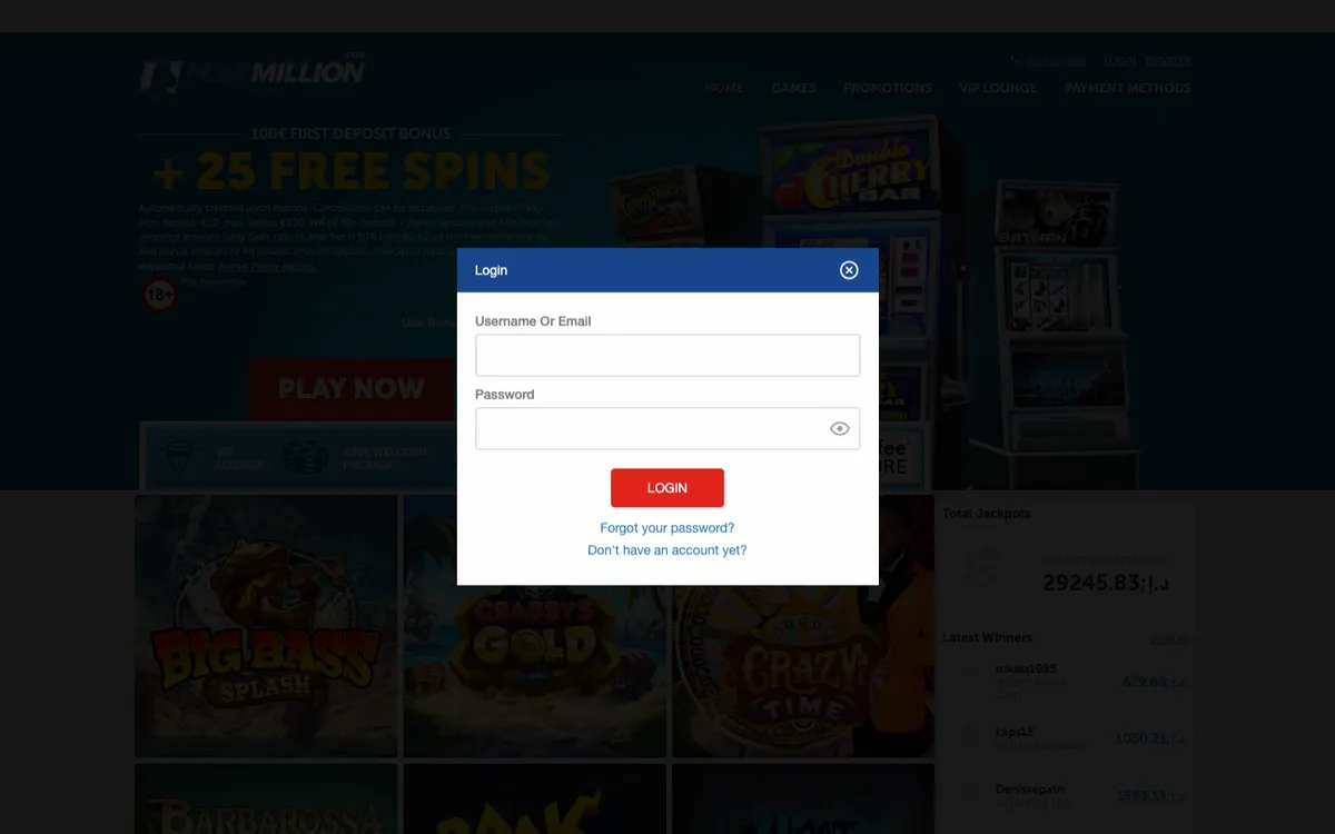 Play Million Casino — Sign-up, captured from United Arab Emirates