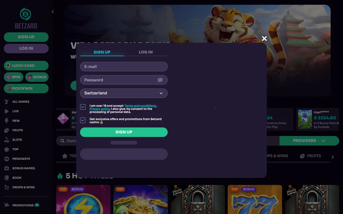 Betzard Casino — Sign-up, captured from Switzerland