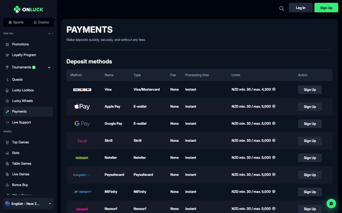 OnLuck Casino — Payments, captured from New Zealand