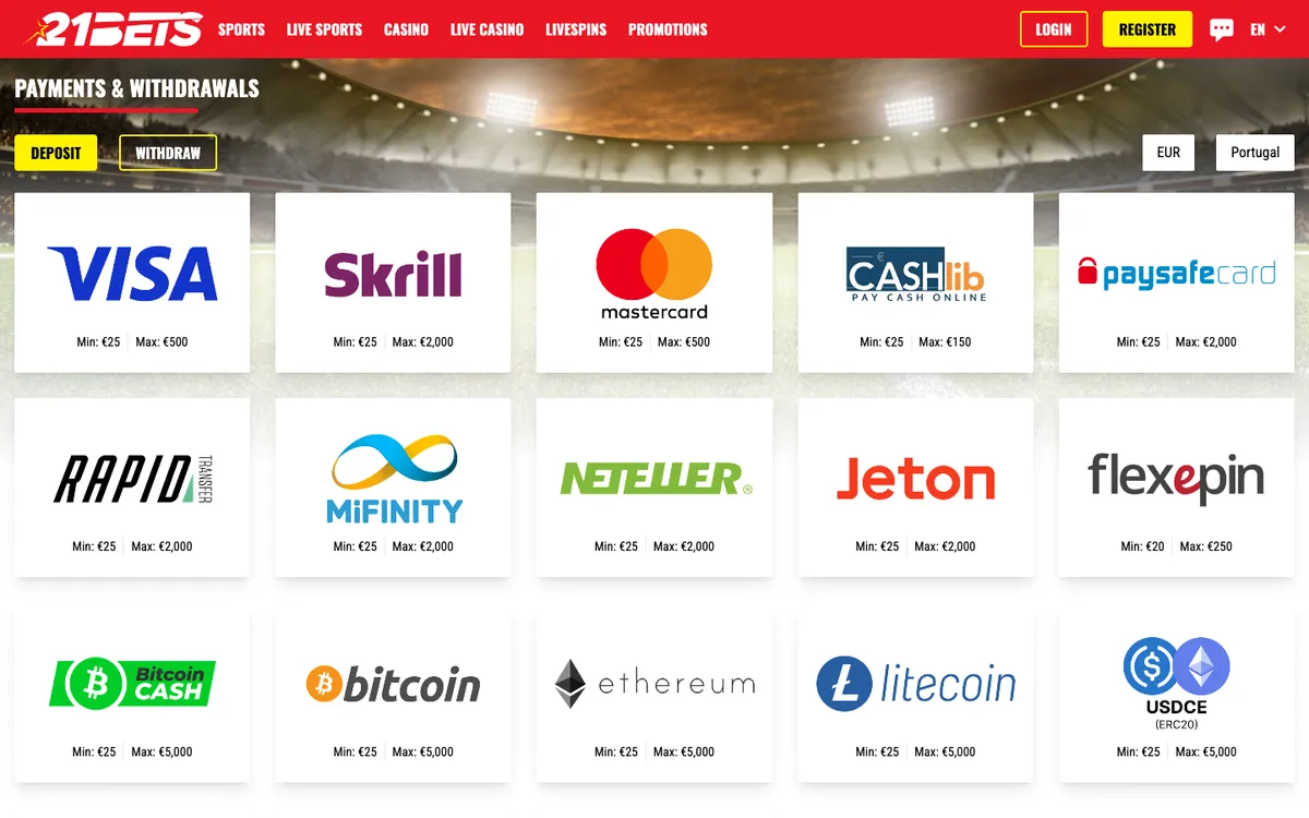 21bets.io Casino — «Платежи», снято из страны Португалия