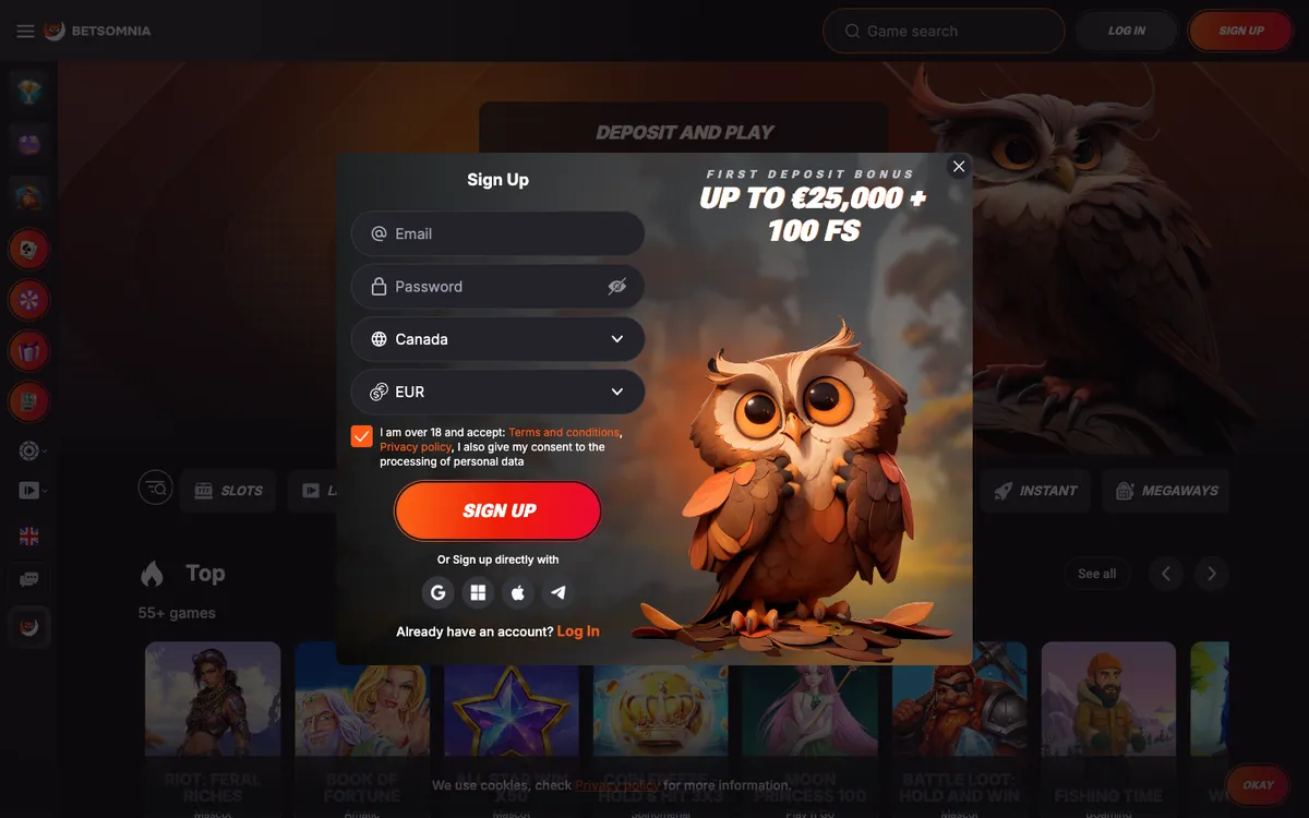 Betsomnia Casino — Sign-up, captured from Canada