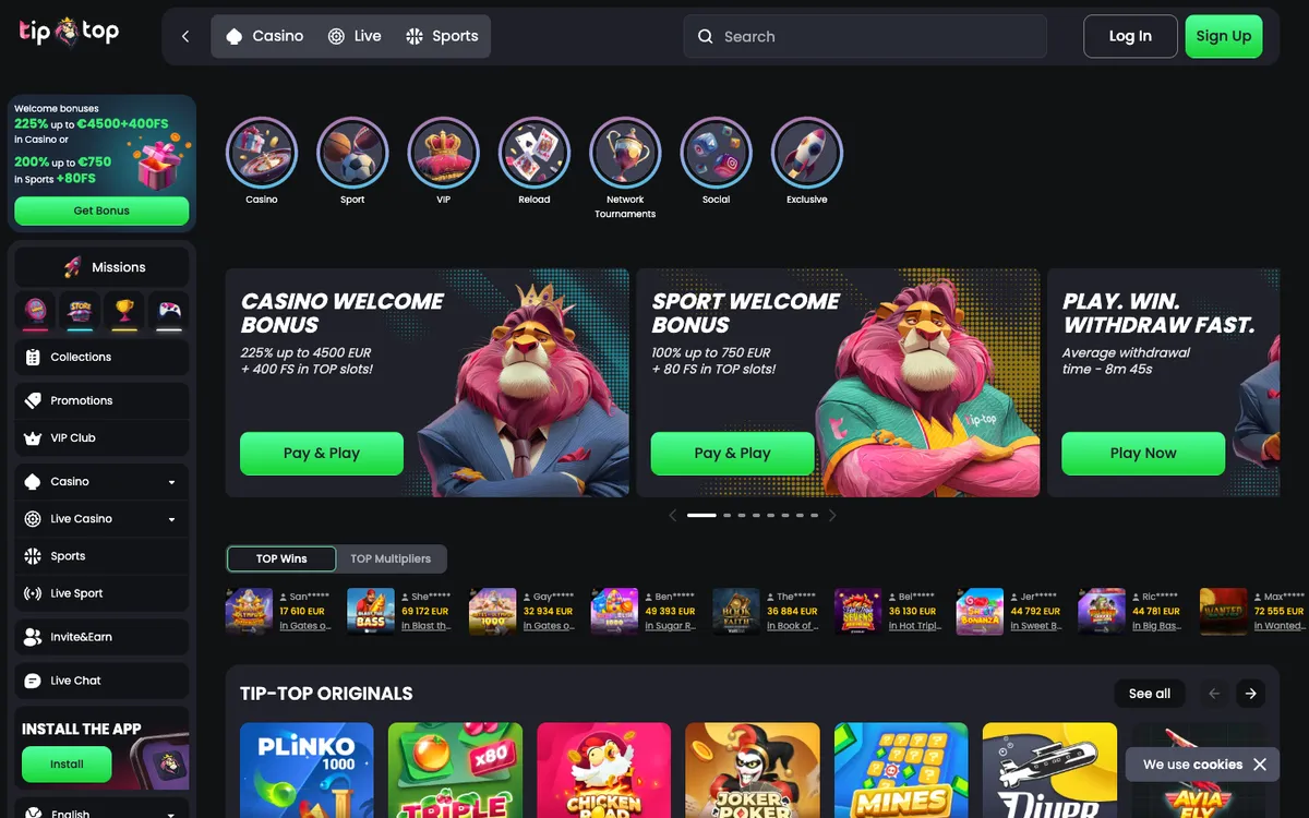 Tip-Top.bet Casino — Home page, captured from Czechia