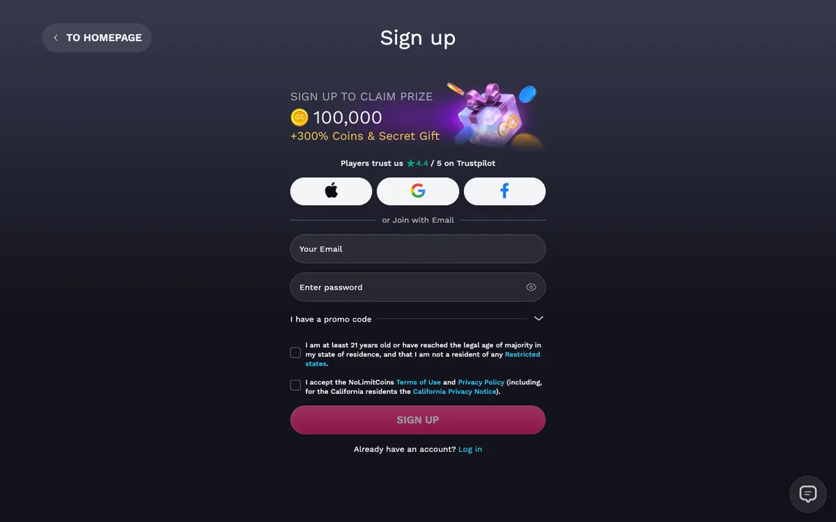 NoLimitCoins Casino — Sign-up, captured from United States