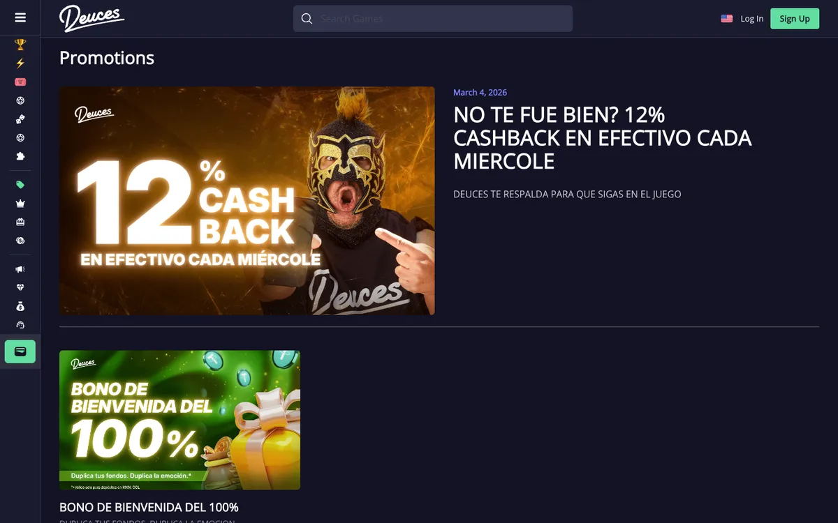 Deuces Casino — Promotions, captured from Mexico