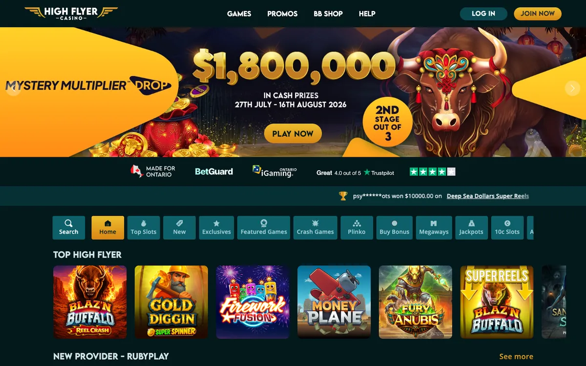 HighFlyer Casino — «Главная», снято из страны Канада