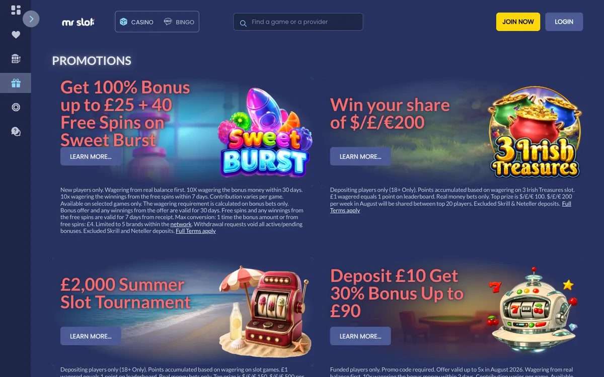 Mr Slot Casino — Promotions, captured from United Kingdom