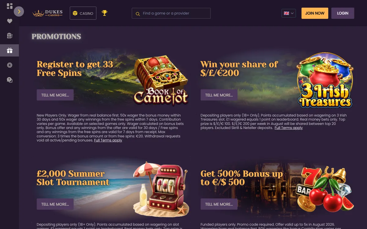 Dukes Casino — Promotions, captured from Spain