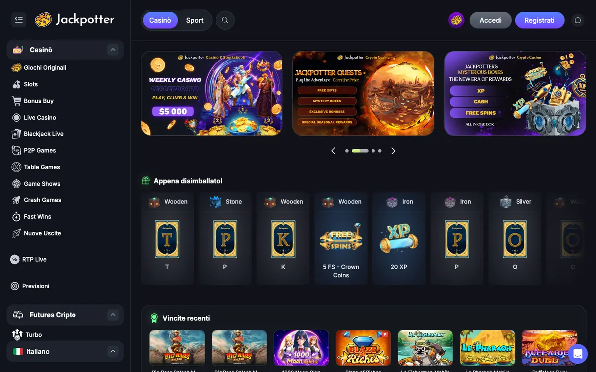 Jackpotter Casino — Home page, captured from Italy