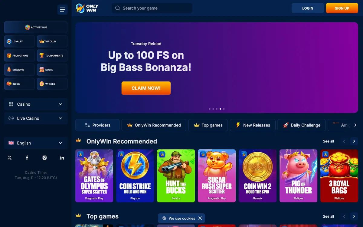 OnlyWin Casino — «Главная», снято из страны Австралия
