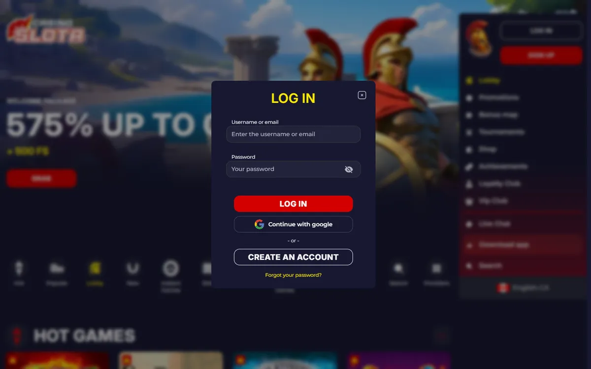 Slota Casino — «Регистрация», снято из страны Канада