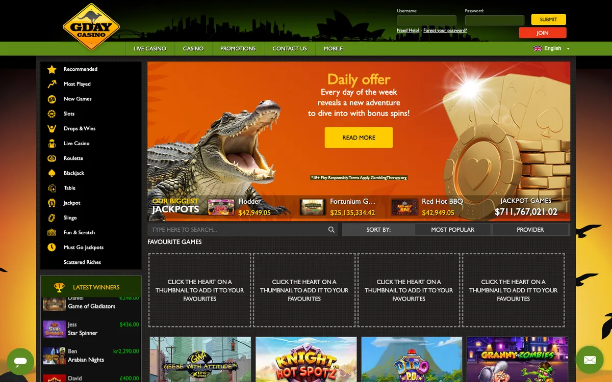 GDay Casino — Home page, captured from Canada