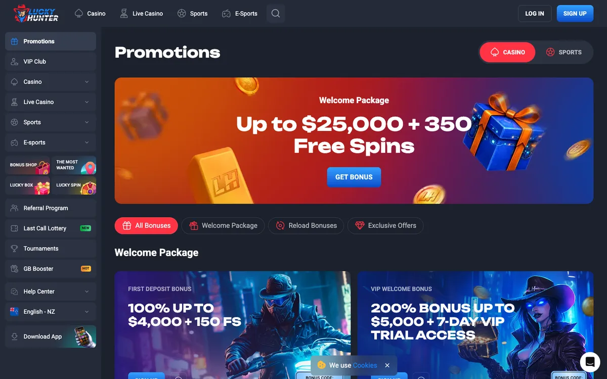 Lucky Hunter Casino — Promotions, captured from New Zealand