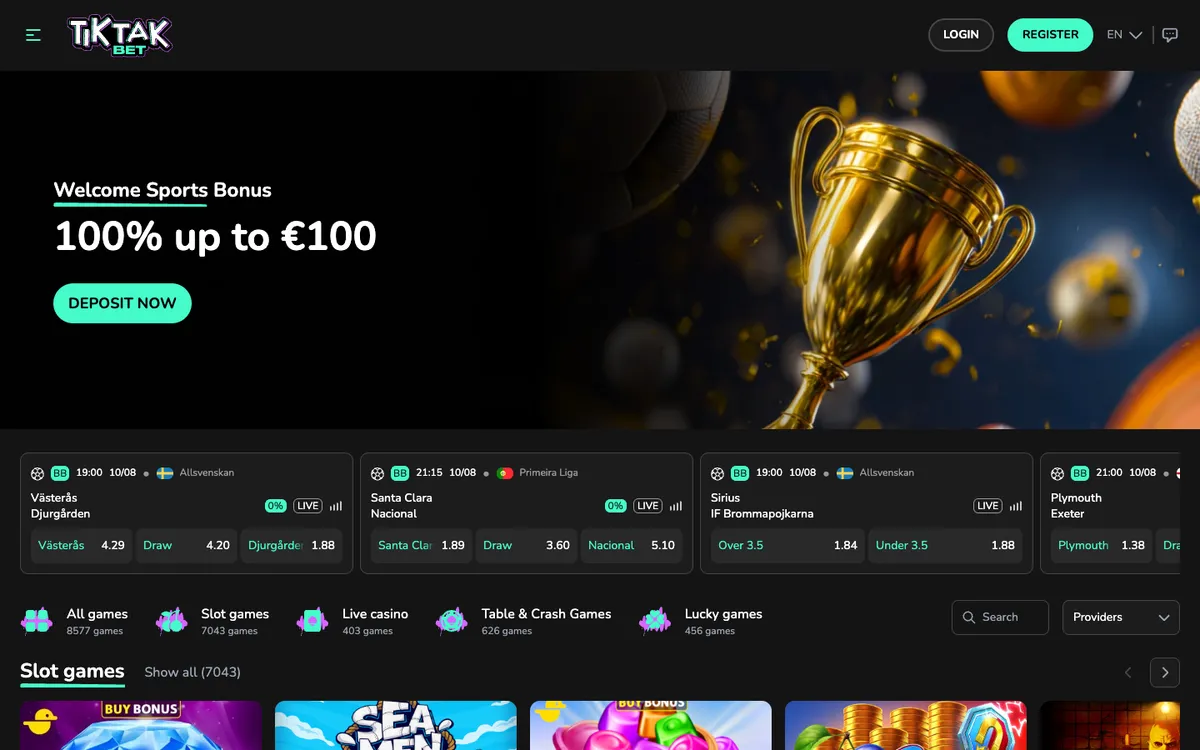 TikTak Bet Casino — Home page, captured from France