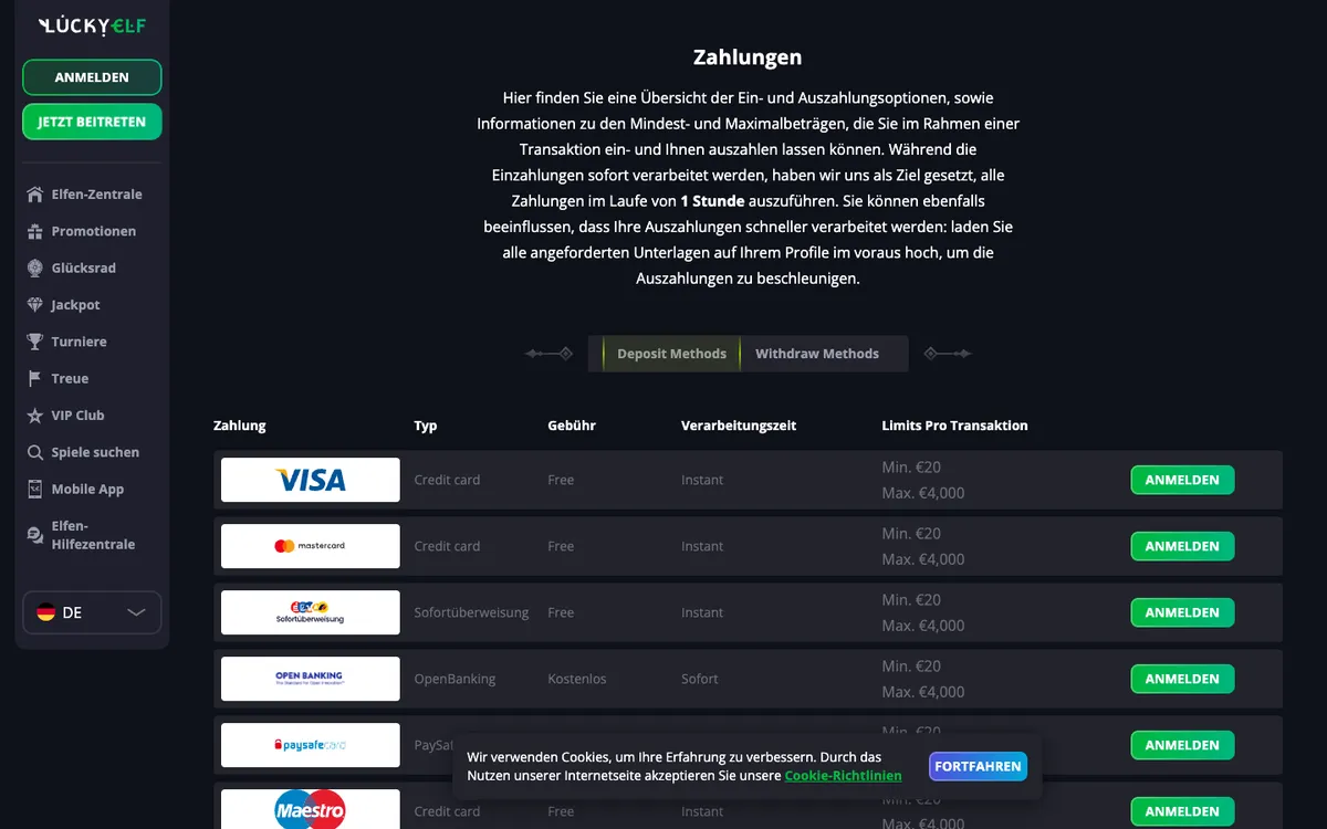 Lucky Elf Casino — Payments, captured from Austria