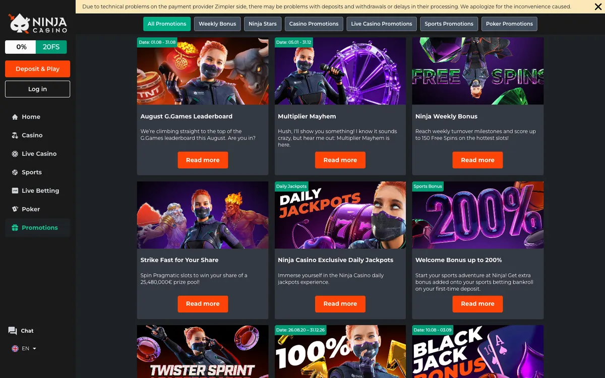 Ninja Casino — Promotions, captured from Estonia