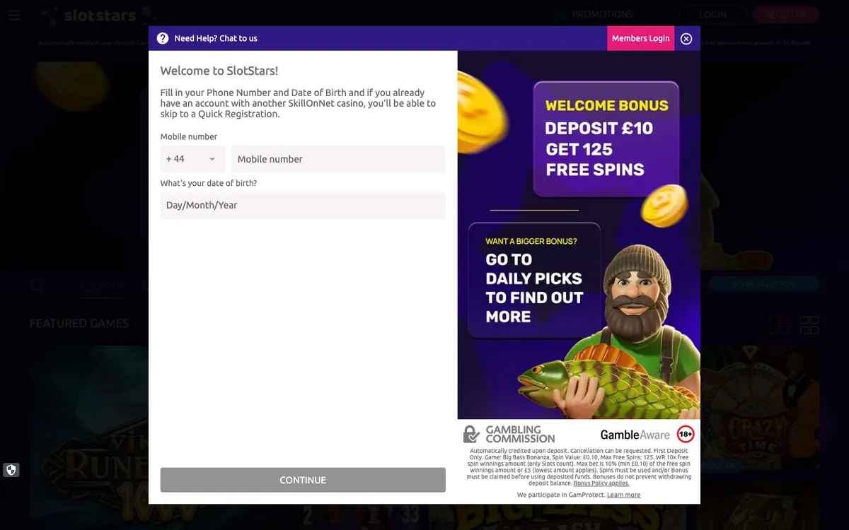 Slotstars Casino — Sign-up, captured from United Kingdom
