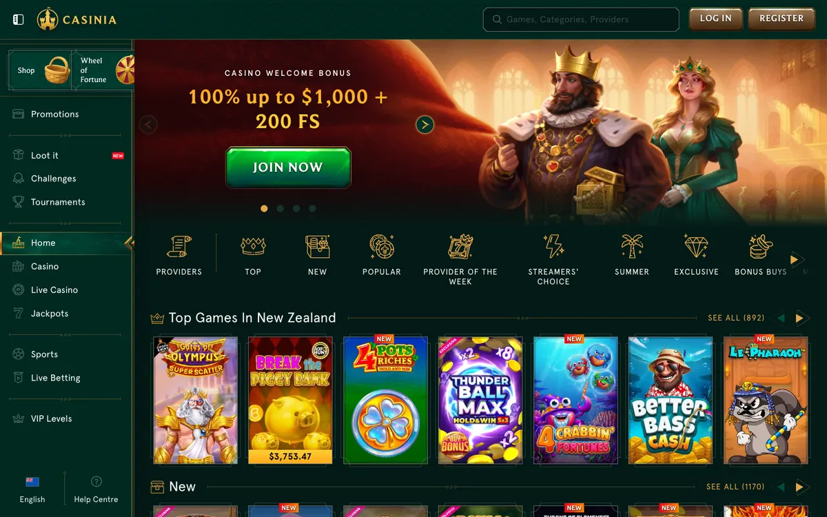 Casinia Casino — «Главная», снято из страны Новая Зеландия